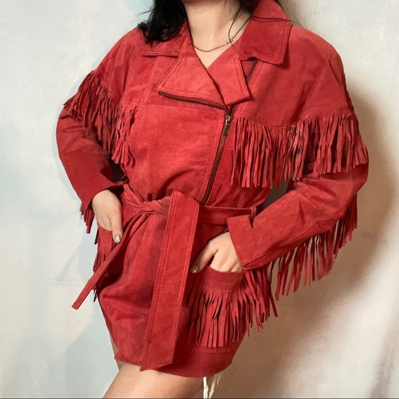 VINTAGE 100% LEATHER RED FRINGE SHORT TRENCH COAT - Picture 6 of 9